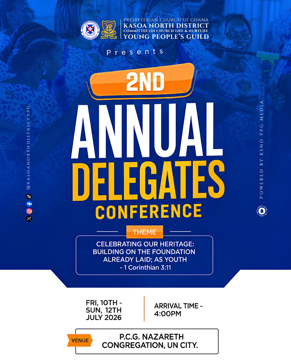 KasoaNorthYPG's tweet photo. 🎉 YOU ARE INVITED! 🎉

2nd Annual District Delegates Conference.*

Come and experience a weekend of spiritual renewal, fellowship, leadership development, and empowerment as we celebrate our rich heritage and build for the future.

#AnnualDelegatesConference2026 #PCGKasoaNorth https://t.co/1y4cic8I9n