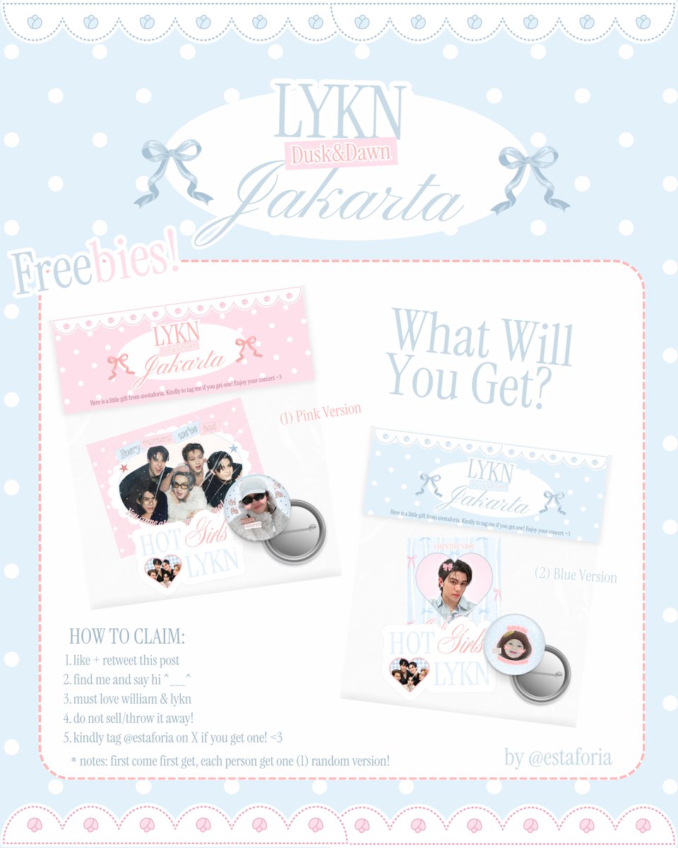 estaforia's tweet photo. 𓏲 ๋࣭  ࣪ ˖ Freebies LYKN DUSK & DAWN IN JAKARTA by @estaforia ⸜(｡˃ ᵕ ˂ )⸝♡ ⭑.ᐟ

📍The Kasablanka Hall
📆 July, 11th 2026
⏰ TBA

๋๋⭑Very Limited Quantity
๋⭑Open for trade (hit me by dm)
๋⭑ Kindly tag me if you get one!

Like and Repost are appreciated! See you there, Lykyous! ૮ ˶ᵔ ᵕ ᵔ˶ ა
#LYKN #LYKNDuskAndDawnxJakarta