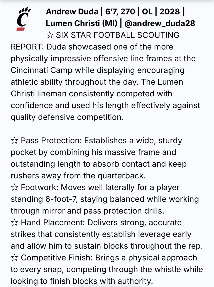 andrew_duda28's tweet photo. Appreciate the write up and evaluation @sixstarfootball  thank you for listing me as one of the top performers at the Cincinnati Camp❗️❗️

@CoachCardwell_ @GoBearcatsFB @UC_Recruiting @CoachSattUC @CoachJBurbage @Coach_Cass @ajwessel_2 @JTThomas60 @AllenTrieu @PrepRedzoneMI @MichFBFrenzy @MIexposure