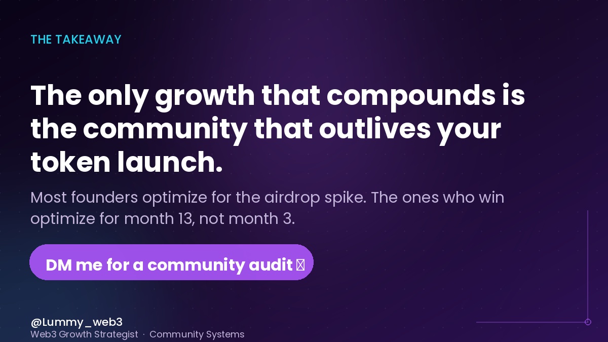 Lummy_web3's tweet photo. A community that outlives your token launch is the hardest growth to build and the only kind that compounds.

Most founders optimize for the airdrop spike. The ones who win optimize for month 13, not month 3.

Running a Web3 project? DM me for a community audit.
