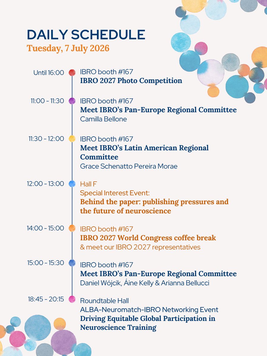 IBROorg's tweet photo. We're ready to meet the international #neuroscience community at #FENS2026 in Barcelona this week! 🇪🇸
Check out our daily schedule &amp; mark your calendar to meet IBRO representatives
🔗 https://t.co/YuLRZCpCXV

Looking forward to seeing you there! 🧠

@FENSorg @aine_m_kelly @eazim https://t.co/hMsRmAhMpA