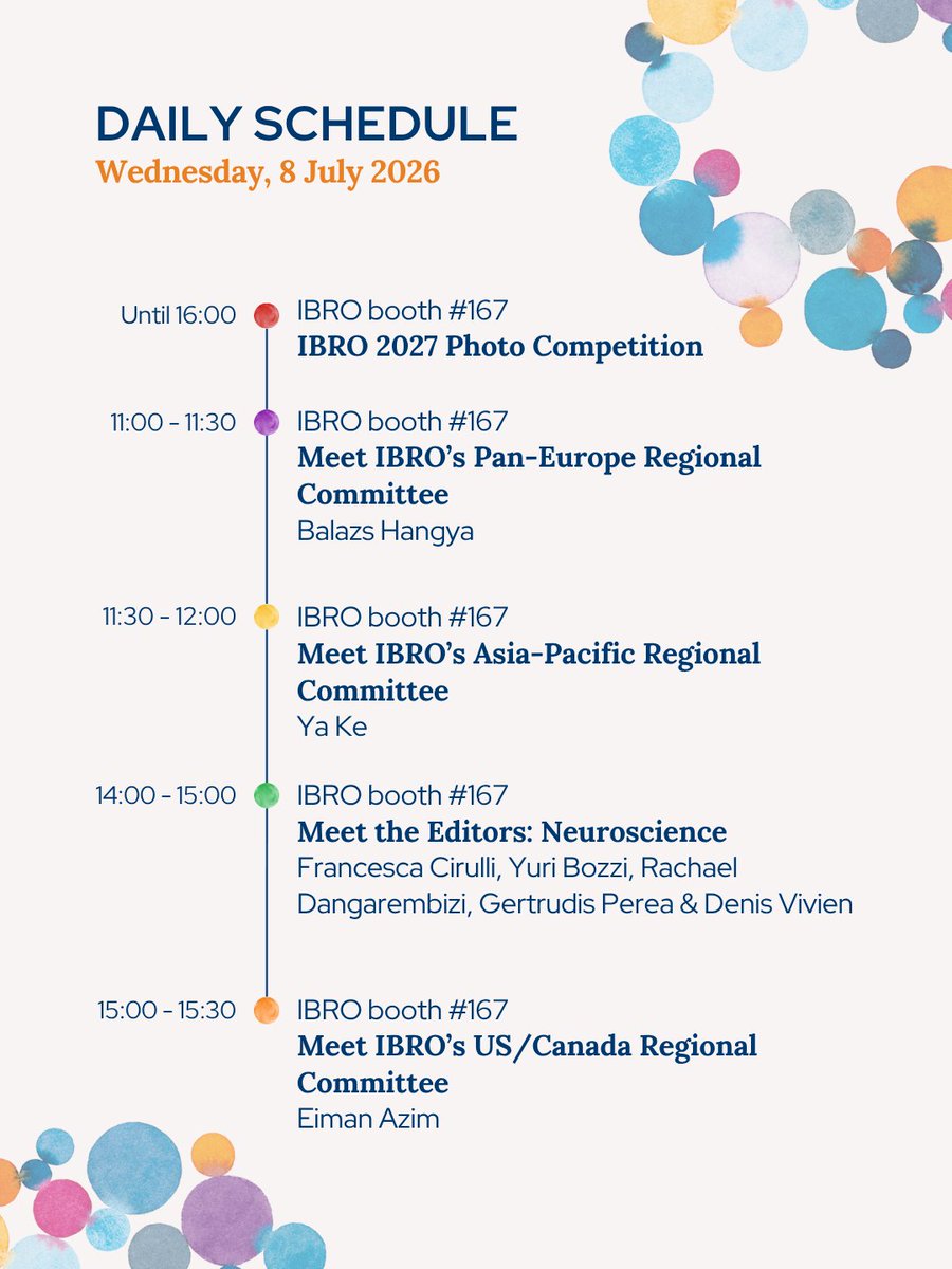 IBROorg's tweet photo. We're ready to meet the international #neuroscience community at #FENS2026 in Barcelona this week! 🇪🇸
Check out our daily schedule &amp; mark your calendar to meet IBRO representatives
🔗 https://t.co/YuLRZCpCXV

Looking forward to seeing you there! 🧠

@FENSorg @aine_m_kelly @eazim https://t.co/hMsRmAhMpA