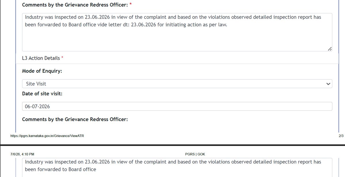 kapil309's tweet photo. Update on my complaint: The Member Secretary of KSPCB has officially closed IPGRS Grievance 337631 today (06/07/2026), confirming on-site violations by this illegal industry at Survey 26/2 Mallasandra (Related to my BESCOM complaint IPGRS ticket in this thread). Detailed violation report forwarded to KSPCB Board office for legal action.  @NammaBESCOM BESCOM must immediately disconnect power to this violator in a residential zone!  @CMofKarnataka    @mdbescom  @GBA_office   @BDABangalore  @thekjgeorge  @bwssbchairman  @bbmpcommr  @karnatakakspcb  #VigilanceSquad  #Bescom