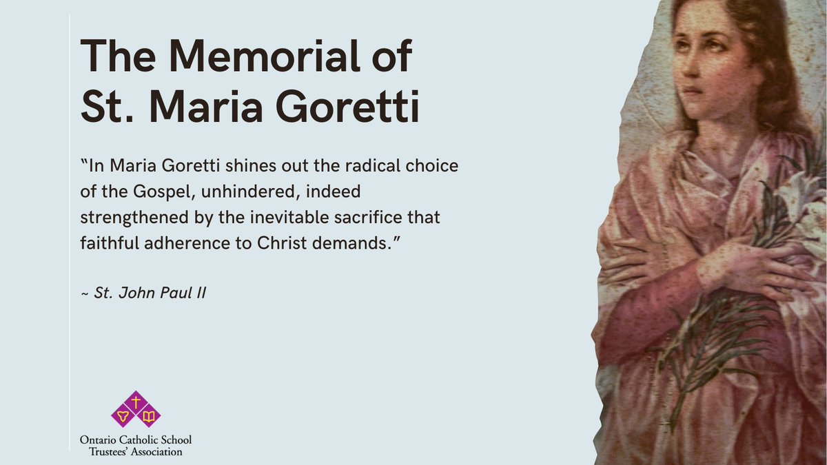CatholicEdu's tweet photo. July 6th: The Memorial of St. Maria Goretti

“In Maria Goretti shines out the radical choice of the Gospel, unhindered, indeed strengthened by the inevitable sacrifice that faithful adherence to Christ demands.”

~ St. John Paul II

#onted #catholiceducation https://t.co/IZOxUG1zrj