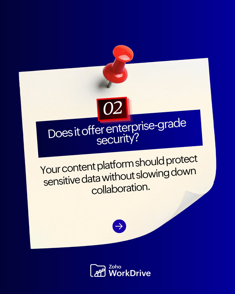 ZohoWorkDrive's tweet photo. ‌Most businesses choose a cloud storage tool based on price, storage limits, or familiarity. But modern teams need much more than a place to store files. 

Before making your next decision, ask these questions! https://t.co/ReSawSjWtU