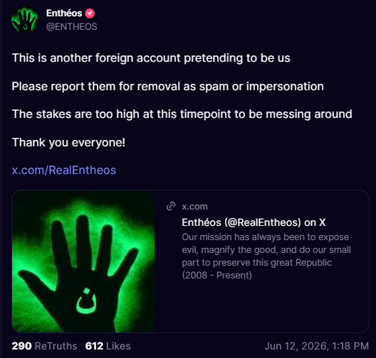 RamShackleAgain's tweet photo. @RealEntheos this is a Fake Account per Entheos on Truth Social. https://t.co/KLutad7Ejp