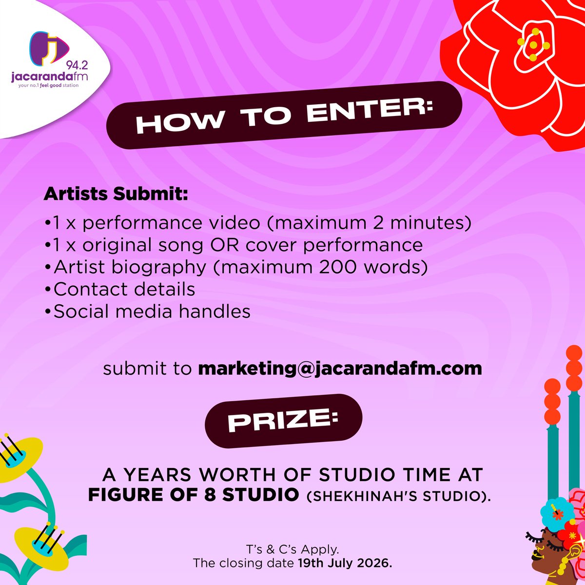 jacarandafm's tweet photo. Ladies, are you ready to take your music career to the next level? 🤩

Enter the Rosefest &amp; Jacaranda FM Talent Search and stand a chance to win a year’s worth of studio time! 

Send your entry to marketing@jacarandafm.com 

#Rosefest #RosefestTalentSearch @shekhinahd https://t.co/DvWIBNnmlY