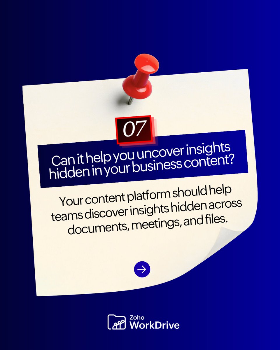 ZohoWorkDrive's tweet photo. The right platform shouldn't just store content—it should help your team collaborate, govern, automate, and unlock value from it.

Here are 7 questions every business should ask before choosing a content platform.

#ZohoWorkDrive #IntelligentContentManagementPlatform https://t.co/CQH3MWbW95