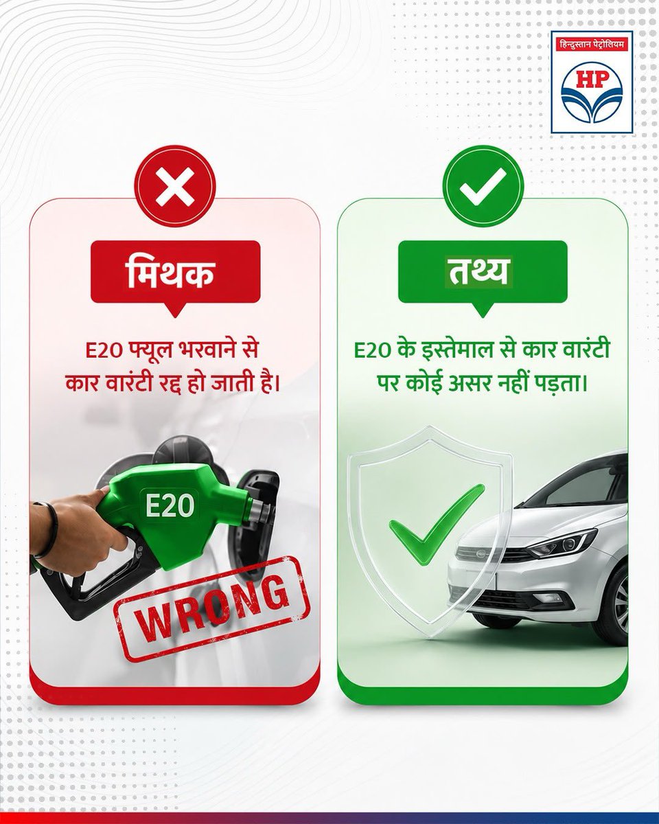 HPCL's tweet photo. गलतफहमी दूर करना ज़रूरी है, क्योंकि झूठी जानकारी तेज़ी से फैलती है।

सोशल मीडिया पर यह दावा वायरल हो रहा है कि E20 फ्यूल से कार की वारंटी रद्द हो जाती है। यह पूरी तरह गलत है। E20 एक सरकार-अनुमोदित ईंधन है जिसे वाहनों के साथ पूर्ण अनुकूलता के साथ डिज़ाइन किया गया है। इसके उपयोग से न तो इंजन को नुकसान होता है और न ही वारंटी प्रभावित होती है।

सही जानकारी अपनाएं। गलत अफवाहें रोकें। इसे शेयर करें। 

@HardeepSPuri @PetroleumMin @TheSureshGopi @Secretary_MoPNG @neerajmittalias

#HPCL #E20 #MythVsFact #EthanolBlending #TrustVerifiedFacts #FuelingIndia