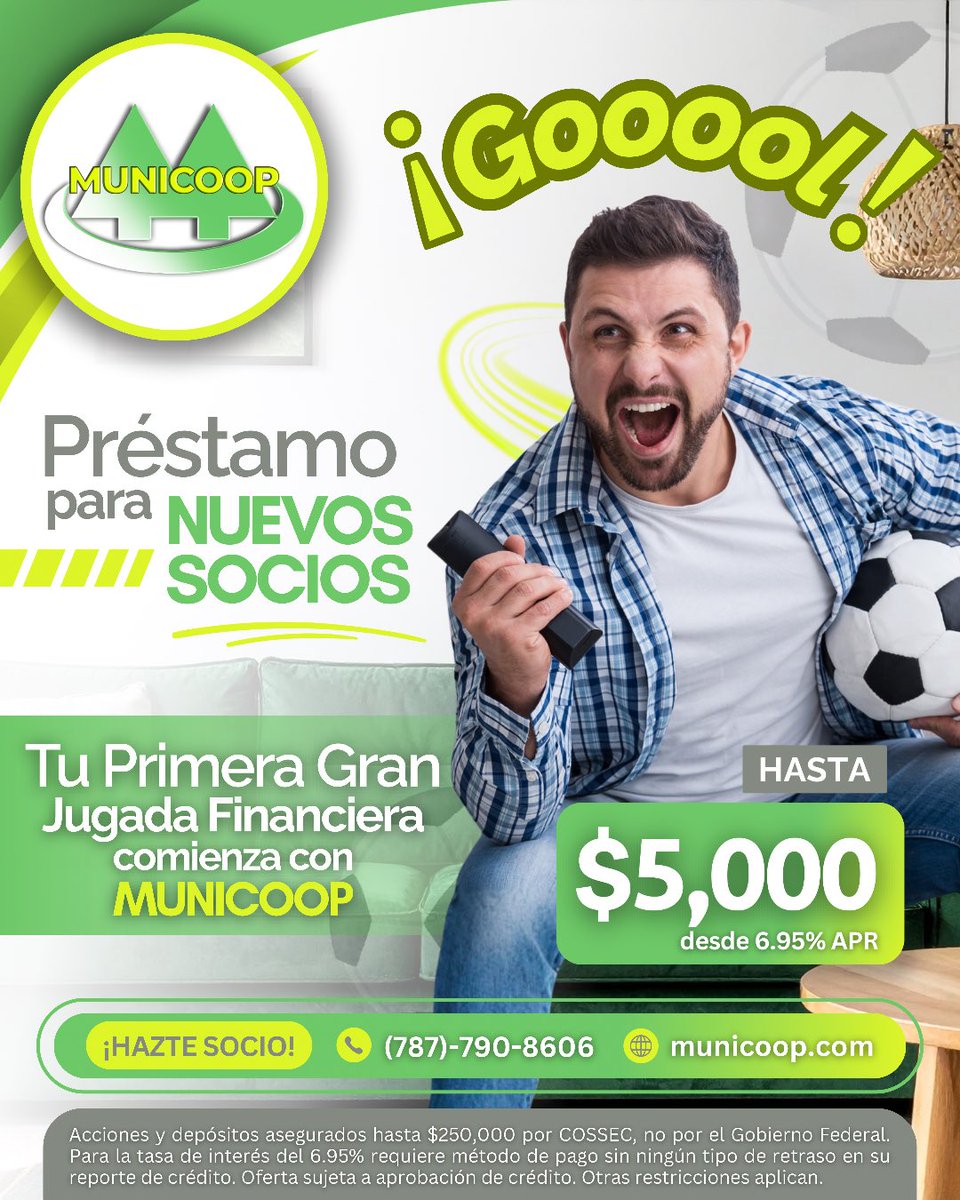 MUNICOOP1's tweet photo. ⚽ ¡GOOOOL por tus metas financieras! 🏆 Con el Préstamo de Nuevo Socio de Municoop, tienes el apoyo que necesitas para comenzar una nueva etapa. 🤝💚

Haz tu mejor jugada y únete a nuestra familia cooperativa.

#gooool #cooperativismo #metasfinancieras https://t.co/Id8s8Fee2s