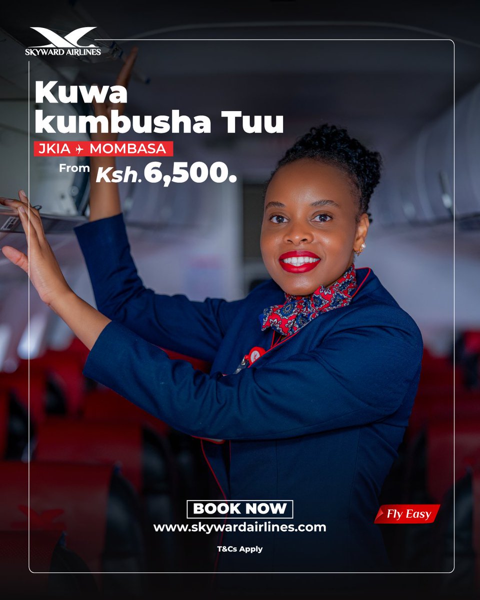 SkywardAirline's tweet photo. Kuwakumbusha tu...
From Ksh 6,500 one way, enjoy the comfort of a jet and generous baggage allowance all the way to the Coast.
#FlyEasy #SkywardAirlines #Everyjourneymatters https://t.co/neCwjRhzIz