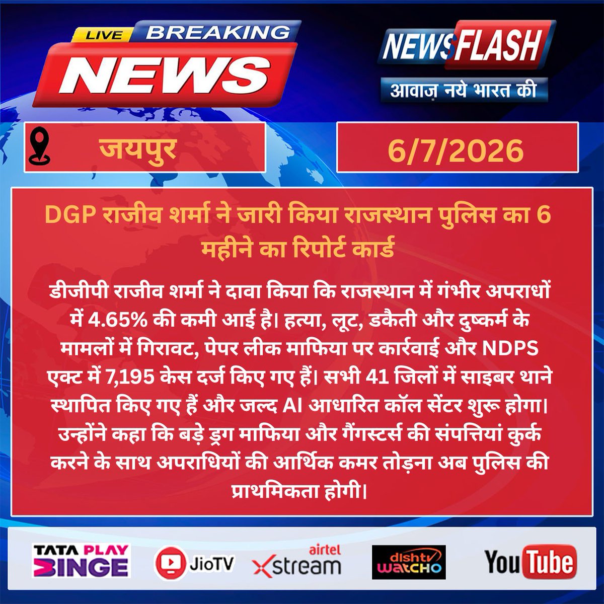 NewsFlashtv71's tweet photo. राजस्थान पुलिस का 6 माह का रिपोर्ट कार्ड जारी, गंभीर अपराधों में 4.65% कमी का दावा #RajasthanPolice #DGPRajeevSharma #Jaipur #CrimeControl #CyberCrime #NDPS #SmartPolicing #OperationGarima #OperationKhushi #Rajasthan #BreakingNews #NewsFlash https://t.co/QPvm1X0vBy