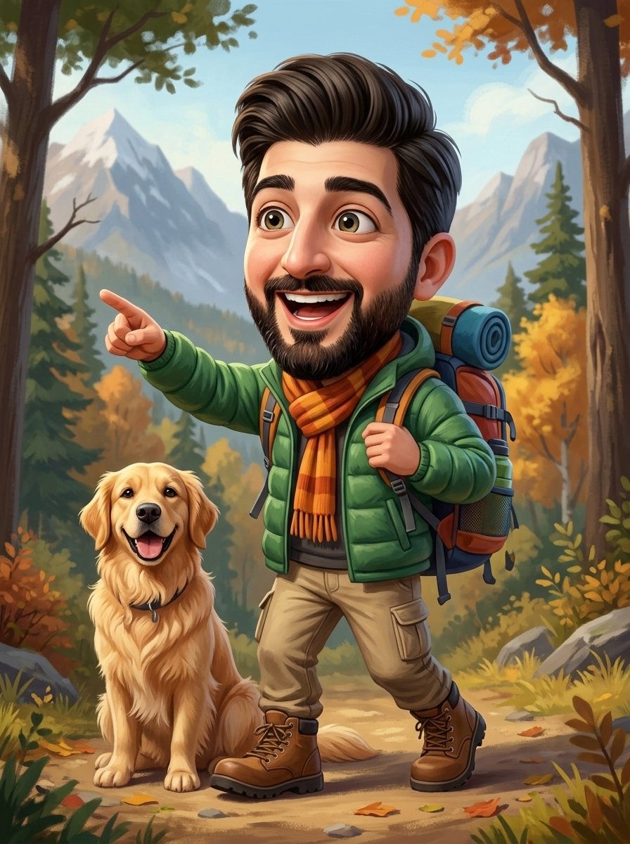 IS7MI's tweet photo. Prompt 🖼⤵️

A highly detailed 3D caricature inspired by Tiago Hoisel, using the attached reference photo as the main character. Preserve the person's identity accurately, including facial structure, eye shape, nose, lips, beard style, skin tone, and overall facial proportions. Large expressive cartoon-style head with a smaller body, exaggerated yet natural-looking facial details, lively joyful expression, rich skin textures, bright expressive eyes, premium Pixar-quality rendering.

The character is portrayed as an adventurous outdoor explorer in a dynamic pose that changes every generation (walking, laughing, pointing, climbing, waving, sitting on a rock, celebrating, or interacting naturally). Clothing colors, outfit style, accessories, and hat vary every time while maintaining a stylish outdoor theme. Random color palette for jacket, scarf, pants, boots, and backpack.

Set in a changing nature environment such as a forest trail, mountains, riverside, campsite, autumn woods, or alpine landscape. Optional friendly dog companion with varied pose and breed.

Rich painterly textures, expressive brush-like detailing, cinematic lighting, earthy yet vibrant colors, whimsical, playful, satirical, highly engaging, ultra-detailed, premium 3D caricature, sharp focus, high realism in facial identity while maintaining caricature proportions. --ar 3:4 --style raw