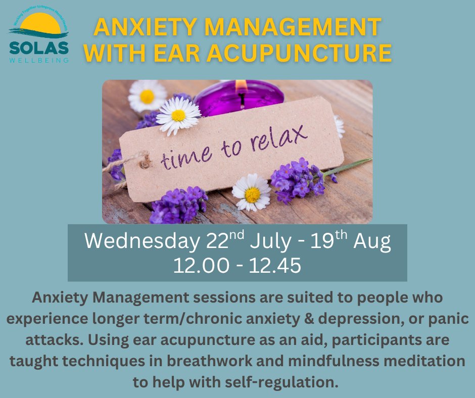 solasbcastle's tweet photo. Join Ginny for Anxiety Management with Ear Acupuncture starting Wed 22nd July at 12 noon.
Book on https://t.co/d3upwXGbaW
๐ง email activities@solaswellbeing.org.uk
โ 0282024 8088
#solaswellbeingballycastle #ballycastle https://t.co/CdPLNkLi8D