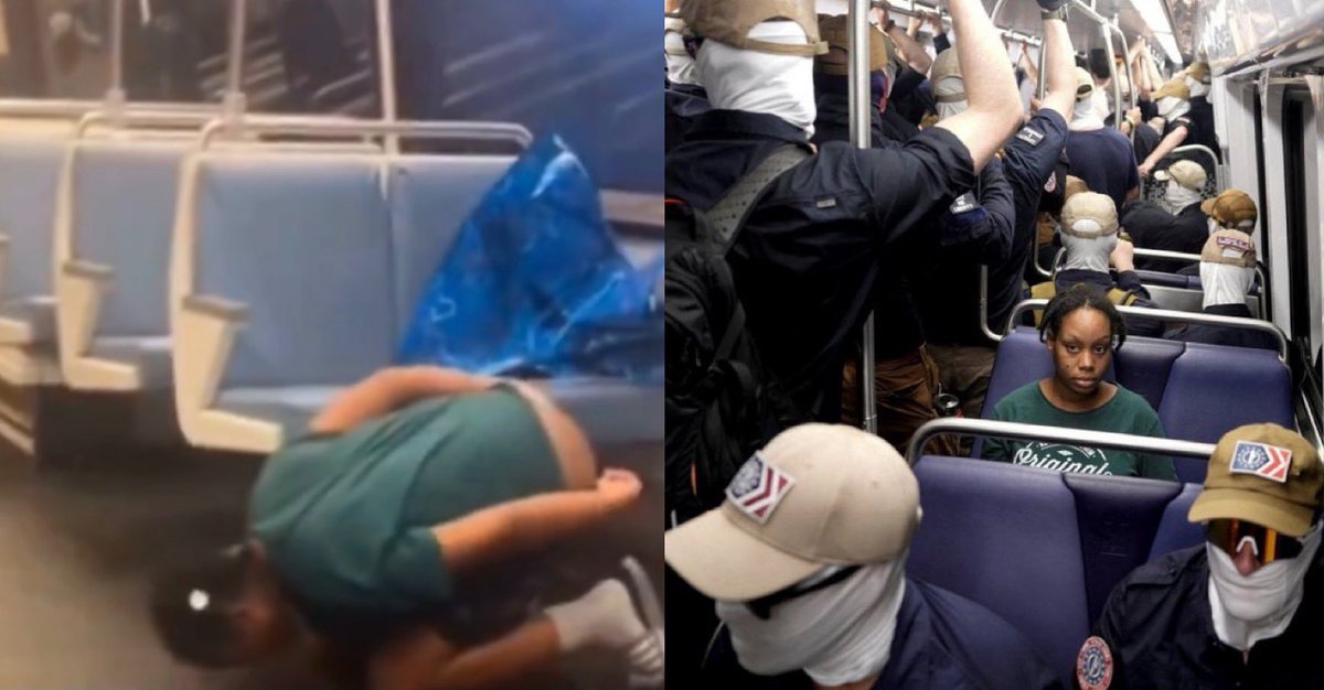 hayasaka_aryan's tweet photo. The black woman from the Patriot front photo is a mentally ill drug addict that was pooping on the train. She’s an actual danger to the people not them https://t.co/raBrJzpJVQ
