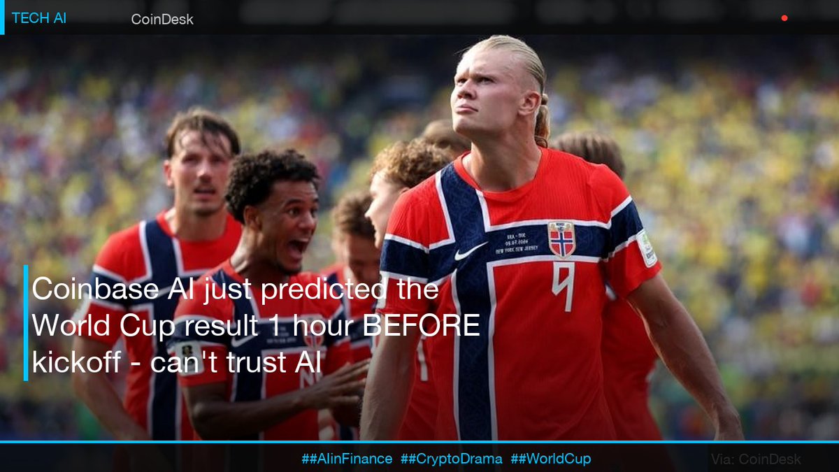 JennyD229's tweet photo. 😱 Coinbase AI just predicted the World Cup result 1 hour BEFORE kickoff - can't trust AI anymore!

Coinbase's AI model got the World Cup result spot on but what does it mean for...

Coinbase's AI model made a shocking prediction that has left the market stunned. This raises questions about the reliability of AI in the financial world. Will we see more AI-driven predictions in the future?

##AIinFinance ##CryptoDrama ##WorldCup