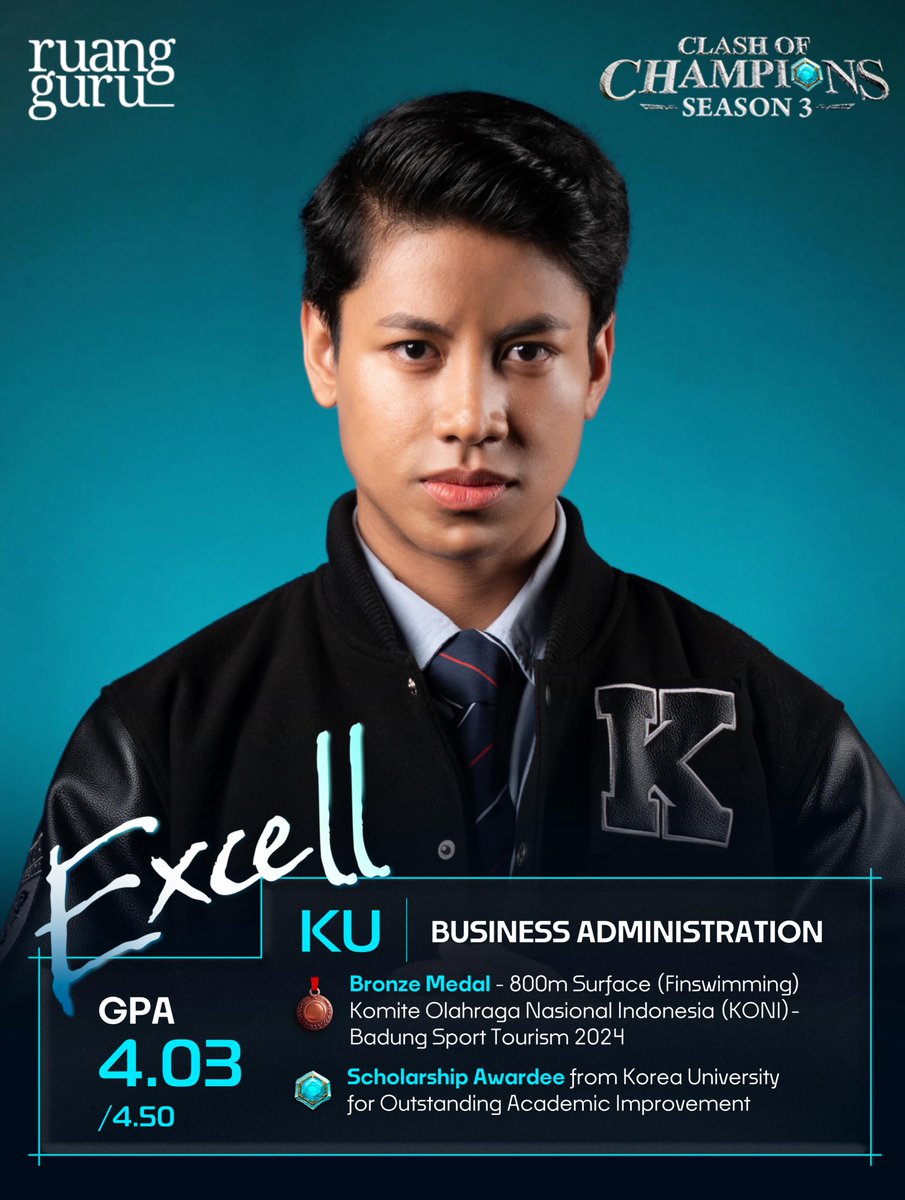 insidefolkative's tweet photo. Profil Excellencyano Raveldo Neno, mahasiswa Business Administration, Korea University (KU), yang jadi salah satu peserta Clash of Champions Season 3: 

- Mahasiswa Business Administration, Korea University (KU) angkatan 2024.

- Penerima Challenge Scholarship A dari Korea University, beasiswa yang diberikan kepada mahasiswa dengan peningkatan akademik luar biasa (Outstanding Academic Improvement).

- Peraih Medali Perunggu cabang 800 Meter Surface Finswimming pada Badung Sport Tourism 2024 tingkat nasional yang diselenggarakan oleh KONI.

- Aktif berorganisasi sebagai anggota Korea University Indonesian Students Association (KUINA).

- Berhasil menyeimbangkan prestasi di bidang akademik dan olahraga.

- Meski berprestasi di olahraga renang, Excell memiliki thalassophobia, yaitu ketakutan terhadap laut atau perairan yang dalam.

- Mampu menyelesaikan Rubik dalam waktu kurang dari 30 detik.