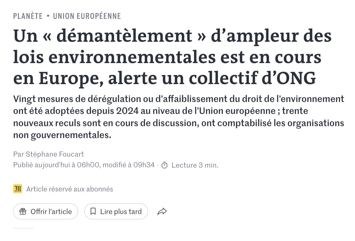 ManonAubryFr's tweet photo. Alors que nous vivons l'une des pires vagues de chaleur de notre histoire, les ONG alertent sur une destruction d'ampleur de nos lois environnementales 🇪🇺.

Déjà 20 textes de dérégulation adoptés, 30 en cours.

Voilà le résultat de l'alliance droite/extrême-droite en Europe. https://t.co/n1aU9rfygd
