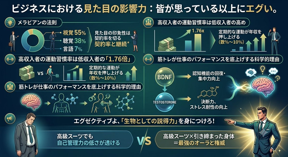 usk_menshack's tweet photo. ビジネスにおける見た目の影響力は、皆が思っている以上にエグい。

特に「体型」は、営業成績や契約率を左右する最大の要因だ。  

実際、心理学のメラビアンの法則では第一印象の55%が視覚情報で決まるとされており、外見を整えることで契約率が向上するというデータがある。

さらに、高収入者の運動習慣率は低収入者の1.76倍という調査結果や、定期的な運動が年収を数%〜10%押し上げるという研究も存在する。  

なぜか？

筋トレは見た目を引き締めるだけでなく、テストステロンやBDNFといったホルモンを分泌させ、仕事のパフォーマンス（決断力やストレス耐性）を直接底上げするからだ。  

たるんだ体で高級スーツを着ても、自己管理能力の低さが透けて見える。

エグゼクティブや上に立つ人間こそ、今すぐ筋トレをして「生物としての説得力」を身につけろ。 

高級スーツに引き締まった身体は最強のオーラと権威を身に纏えるから。