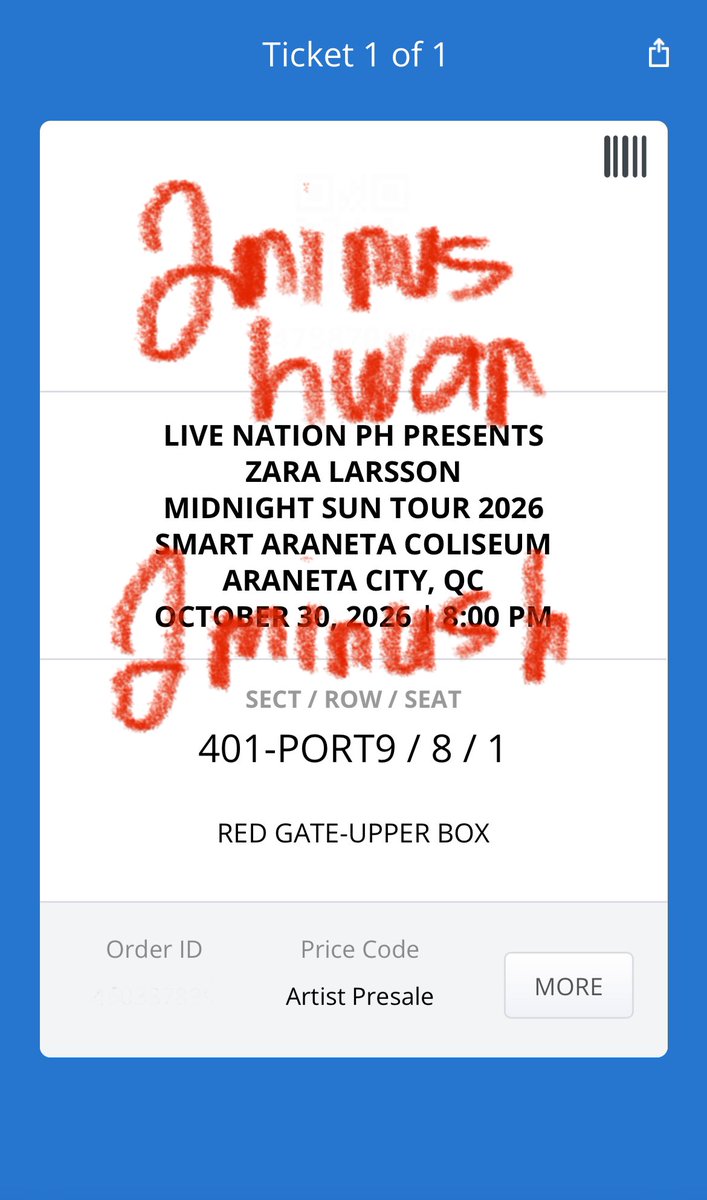 2minushwan's tweet photo. wts lfb onhand ph

☆ Zara Larsson Midnight Sun 2026 in Manila
⤷ ₱4,900 (srp + online fee)
⤷ upper box sec. 401, row 8, seat 1
⤷ oct 30, 2026

will send e-ticket via email

- DOP: payo
- MOP: maribank, gcash, maya
- reply dm 

#ZaraLarssonInManila

zara larsson concert mnl ph https://t.co/y0Nk11Y0fv