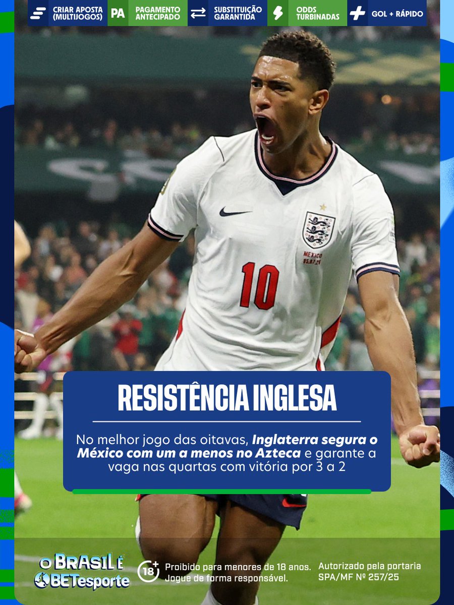 betesporte's tweet photo. Não viu o jogo da noite? A gente te atualiza
🇲🇽 México 2 x 3 Inglaterra 🏴󠁧󠁢󠁥󠁮󠁧󠁿

No melhor jogo das oitavas, Inglaterra segura o México com um a menos no Azteca e garante a vaga nas quartas com vitória por 3 a 2 https://t.co/prQyaRqqwJ