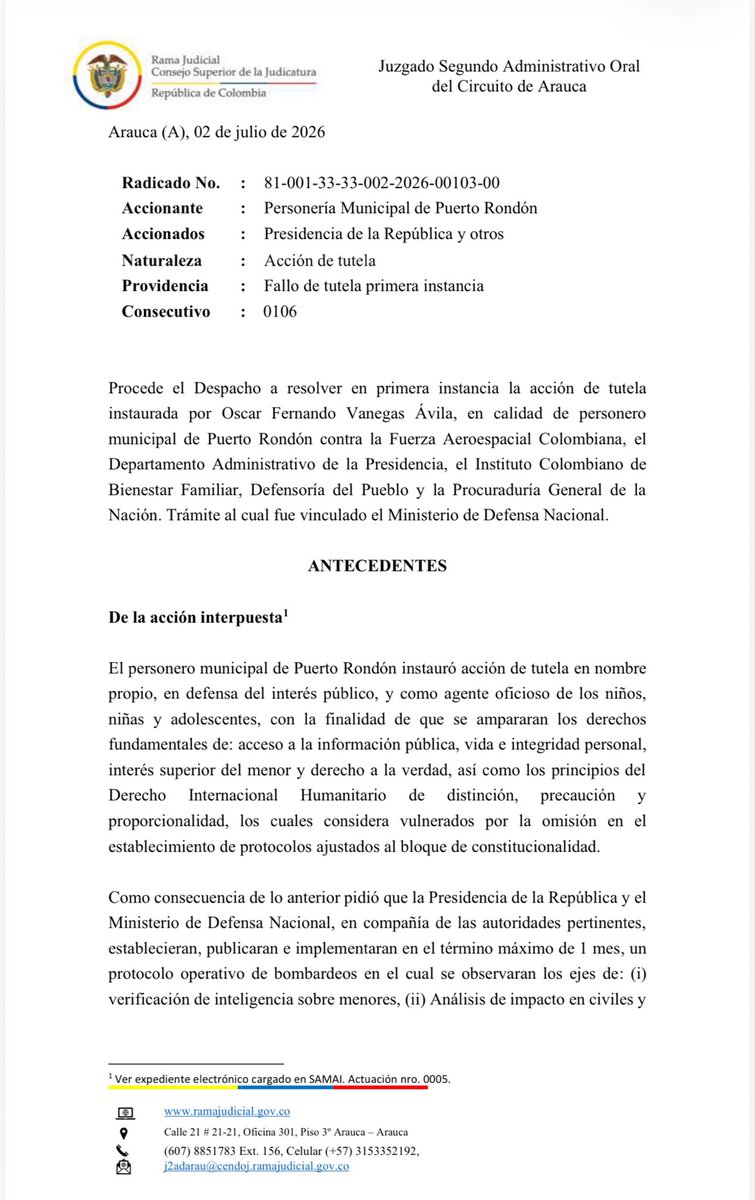 ricarospina's tweet photo. Atención: Un juez administrativo
 ordenó al gobierno del presidente @petrogustavo que suspenda provisionalmente los bombardeos contra los grupos armados ilegales en el departamento de Arauca. Vía @BluRadioCo https://t.co/k3IdlFeRkI