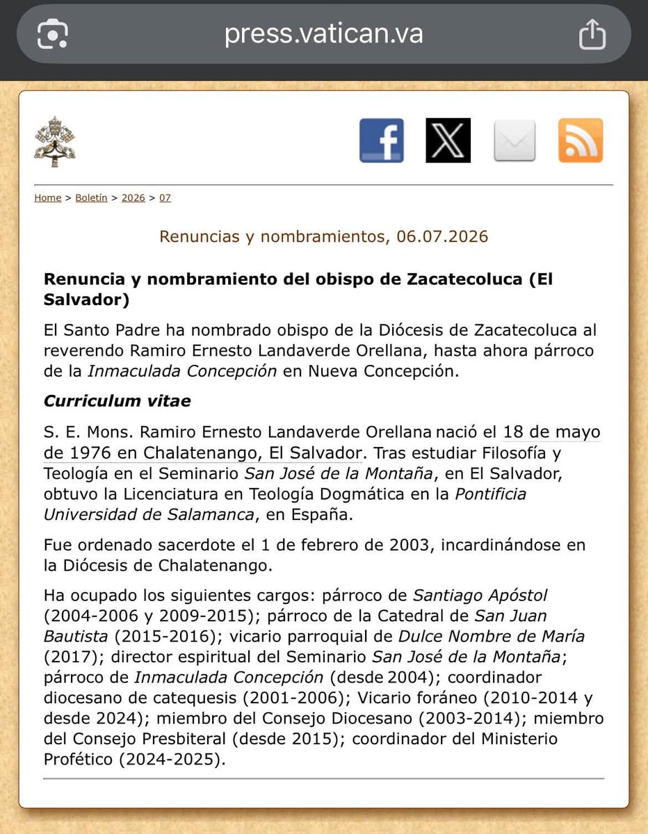 radioluzfmsv's tweet photo. ¡Nuevo Obispo para la Diócesis de Zacatecoluca! El Santo Padre León XIV  ha nombrado obispo de la Diócesis de Zacatecoluca al reverendo Ramiro Ernesto Landaverde Orellana, hasta ahora párroco de la Inmaculada Concepción en Nueva Concepción. https://t.co/Bg2DCZ1jVz