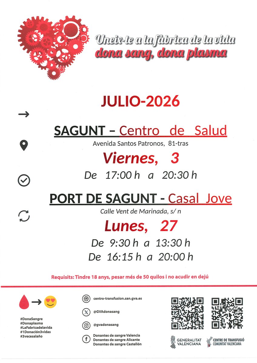 GVAsagunt's tweet photo. 🗓️El 3 y 27 de julio.
La sangre no se puede fabricar, tu donación es el único recurso para que los enfermos puedan recibirla. 
Te esperamos si ya han transcurrido 2 meses desde tu última donación. Este verano, #comparte vida📷
Únete a #LaFábricadelaVida #DonaSang https://t.co/QFff3PQ6Sy
