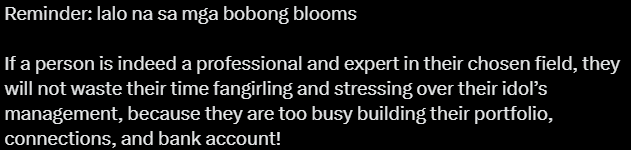 kekforjho's tweet photo. ok kapwa professional friends, wala na tayong karapatan mag "waste" ng time to fangirl and "stress" over our idol's management kasi dapat busy lang tayo sa pagbubuild ng portfolio, connections, and bank account! HAHAHAHAHAHA https://t.co/lcrSffezv2