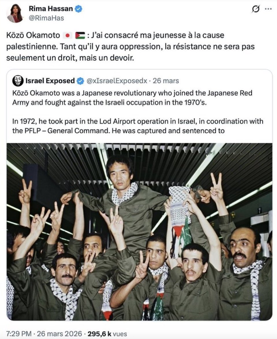 fmomboisse's tweet photo. Voilà pourquoi Rima Hassan est poursuivie. Pas pour voir défendu la cause palestinienne, mais pour avoir fait l’apologie d’un terroriste japonais qui a tué au hasard 26 civils en 1972 dans un aéroport.. https://t.co/d0QBqrXxSE