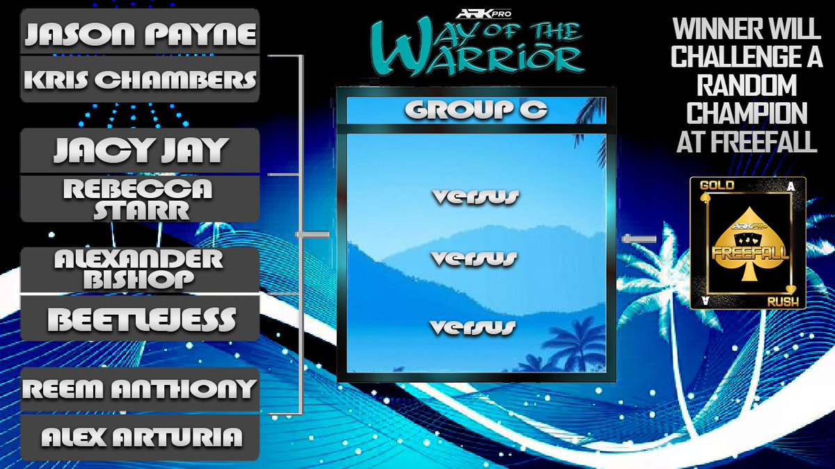 ARKPRO_EFed's tweet photo. TOMORROW!!! 
WE BEGIN THE WAY OF THE WARRIOR SERIES!!!

The Brackets below will decide who will enter FOUR 
Fatal 4-Ways to determine who become challengers for A RANDOM championship at FREEFALL!!

(Randomization is not up to the superstar)

July 7th #WARRIORSWAY LIVE @ 6PM EST https://t.co/RzJGgyHmnc