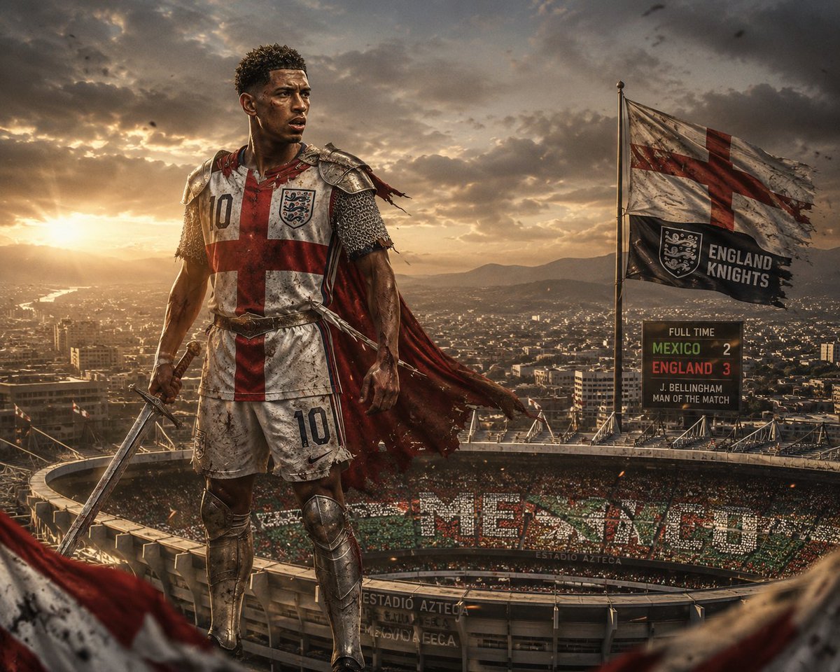TJOkeeffe1's tweet photo. Sir Jude of Bellingham. ⚔️🦁
Walks into the Azteca. Drops a masterclass. Leaves with a 3-2 win.
Long live England's knight. 🏰🏴󠁧󠁢󠁥󠁮󠁧󠁿
#England #ThreeLions #JudeBellingham #ENGMEX https://t.co/Qd0krEM9Ly
