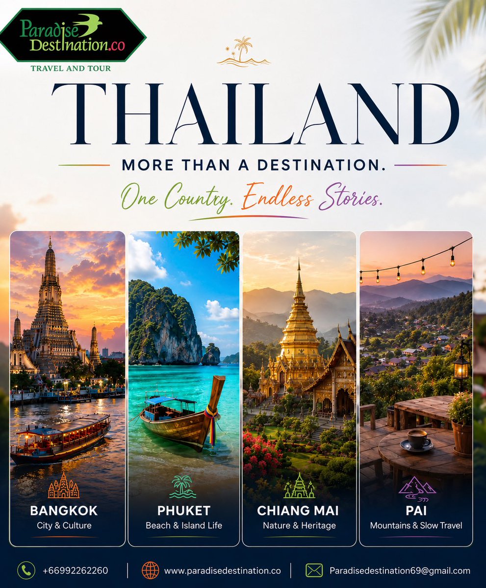 Paradisedbkk's tweet photo. Explore Thailand with Paradise Destination Travel &amp; Tour

📞 Call/WhatsApp: +66 99 226 2260
🌐 https://t.co/eU2D5L05fG
📧 Paradisedestination69@gmail.com

#ThailandTour #ThailandTravel #Phuket #Bangkok #ChiangMai #IslandTours #HolidayPackages #TravelThailand #paradisedestination https://t.co/DrQBKao0Rl