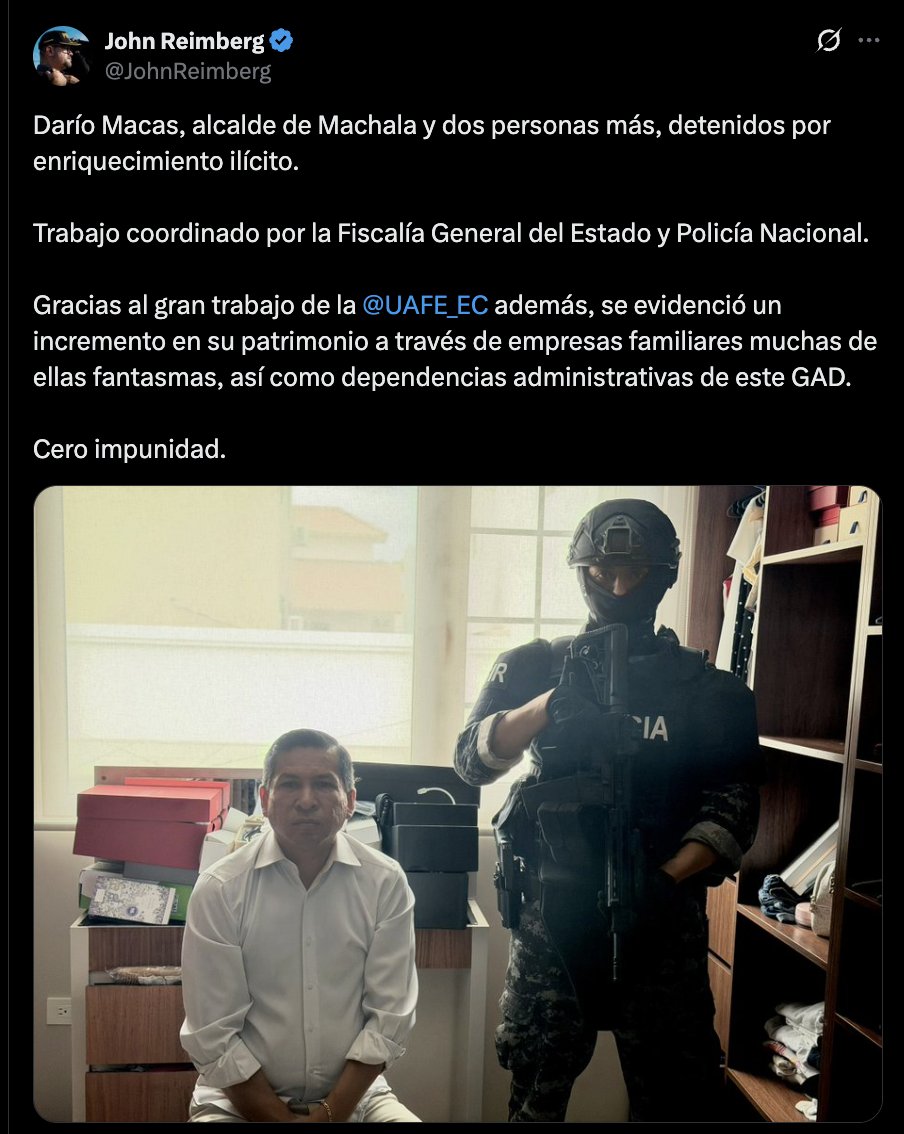 ecuainm_oficial's tweet photo. ‼️#URGENTE
El ministro del Interior, John Reimberg, informó que el alcalde de Machala, Darío Macas, y dos personas más fueron detenidos por el presunto delito de enriquecimiento ilícito, en un operativo coordinado entre la Fiscalía General del Estado y la Policía Nacional. https://t.co/KvVPl0v45n