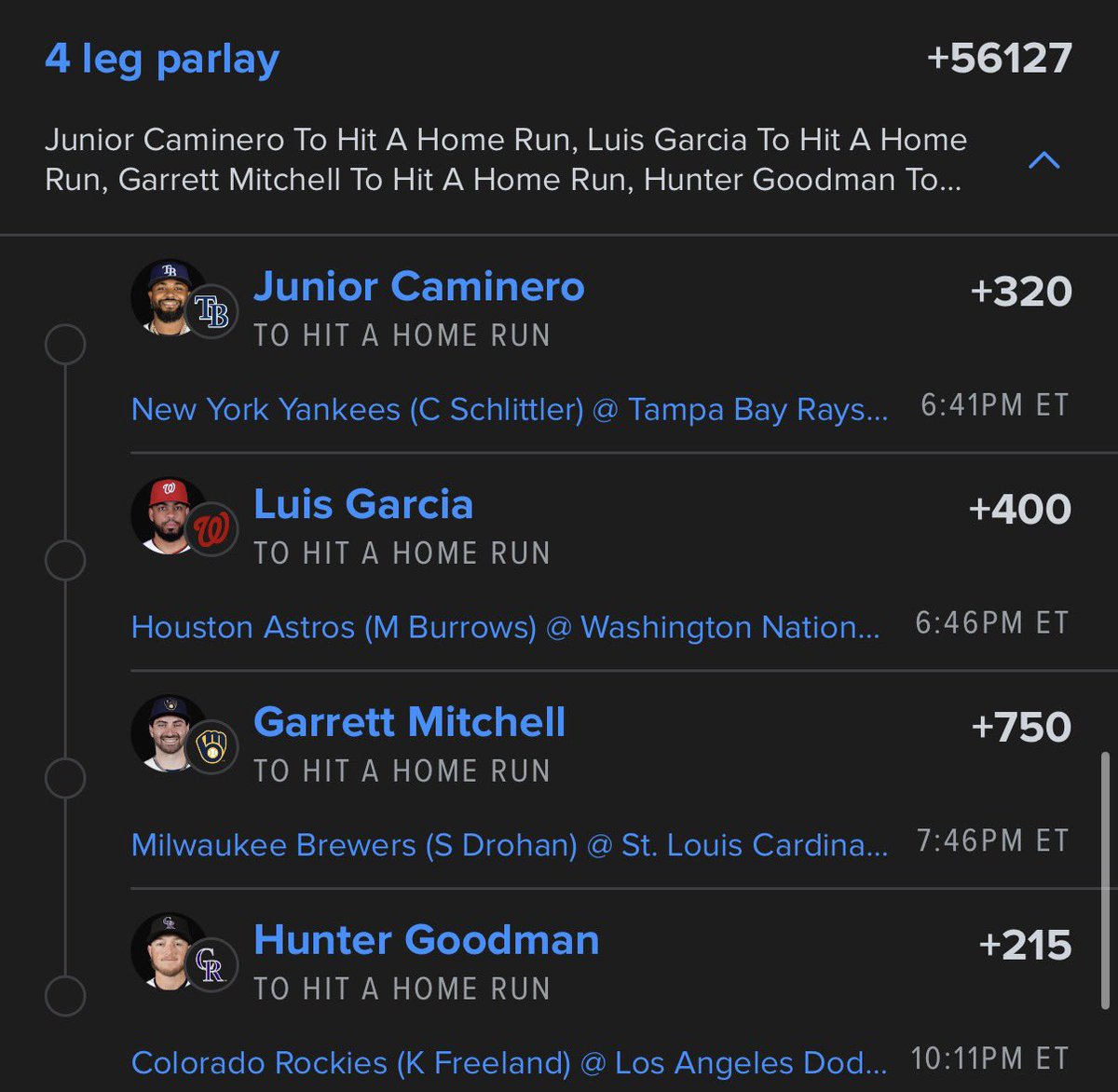 rudebets's tweet photo. 💎MLB HOME RUNS💎

😈 Twitch Community Lay

⛈️ Garcia might get rained out so chat voted Mitchell in as a replacement. RRx3 for me! 

🔗 to tail in the replies https://t.co/cUh6IPsM6l