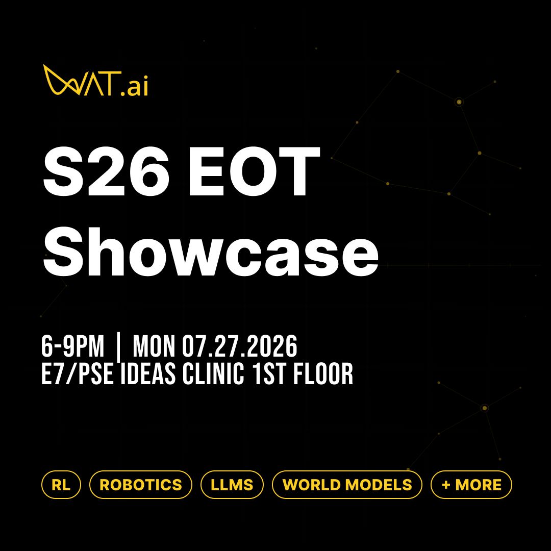 uwwatai's tweet photo. Join us for the S26 End of Term Showcase, a night celebrating the projects our teams have worked on. Expect deep dives into RL, robotics, LLMs, world models, and more.

📅 Mon, July 27 | 6-9PM 📍 E7/PSE Ideas Clinic, 1st Floor https://t.co/kFUq2tJzvg