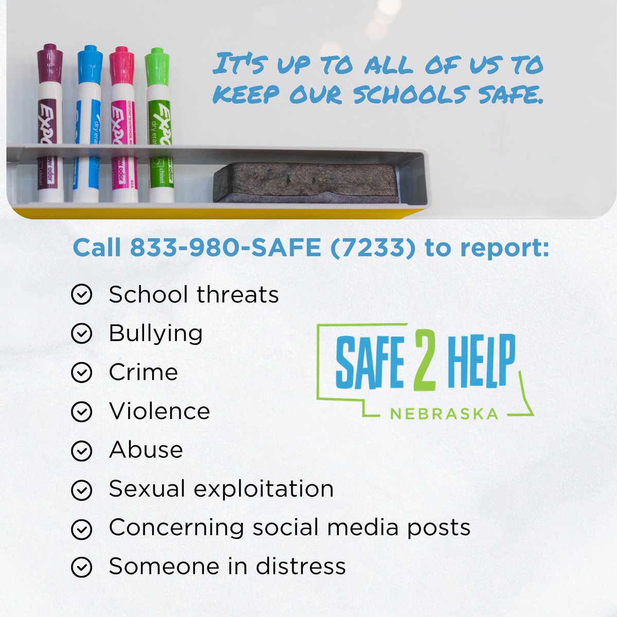 Safe2HelpNE's tweet photo. Safe2Help is a resource for students in Nebraska to anonymously report any safety concerns.

Whether you witness bullying or see concerning posts on social media, we're here to help 24/7.

📱 Download the app
📞 833-980-SAFE (7233) https://t.co/2mmAe1JFIj