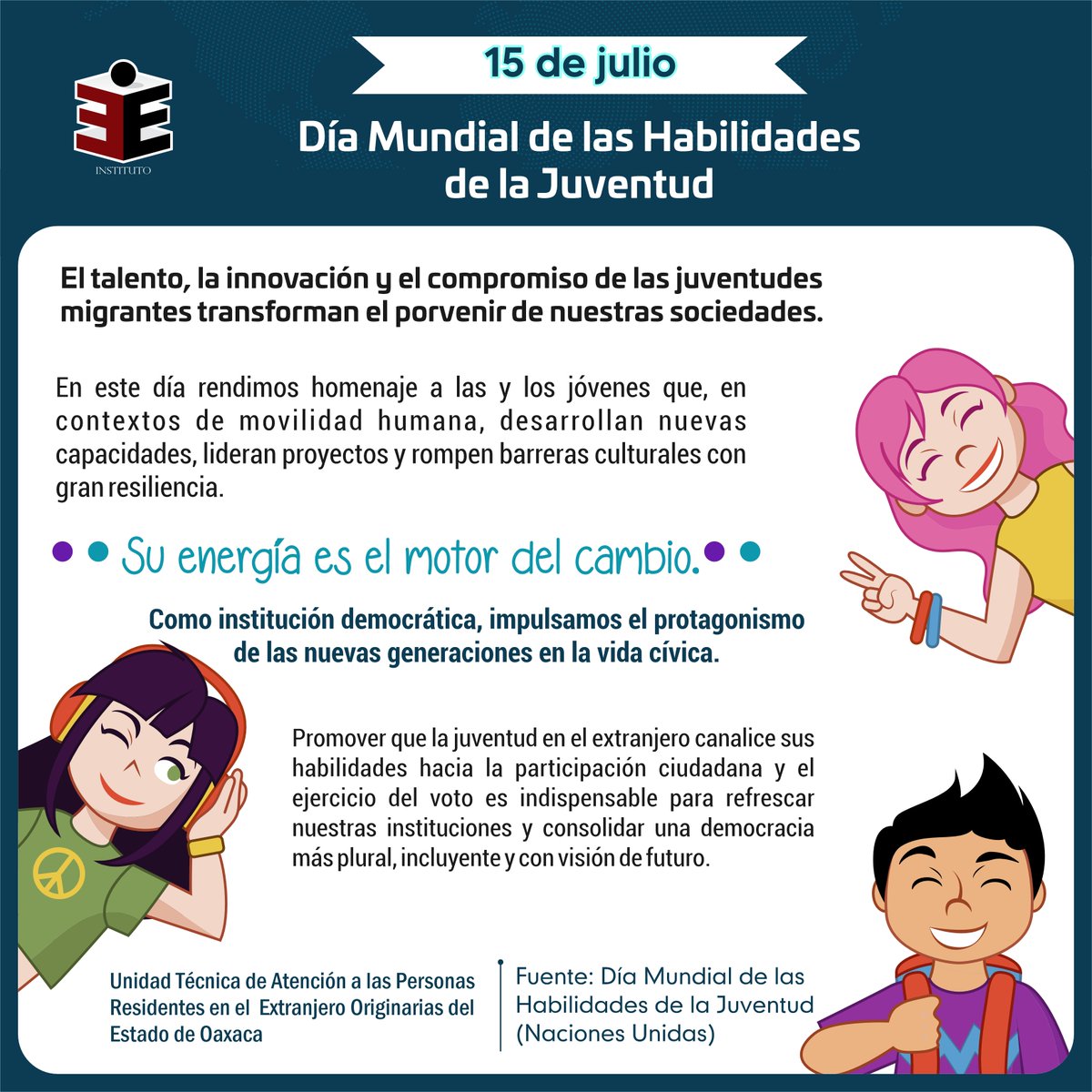 IEEPCO's tweet photo. 🙌🏽En el Día Mundial de las Habilidades de la Juventud, reconocemos el talento, la innovación y el compromiso de las juventudes migrantes como agentes de cambio que impulsan sociedades más incluyentes y resilientes. https://t.co/wgMQ6uW4u5