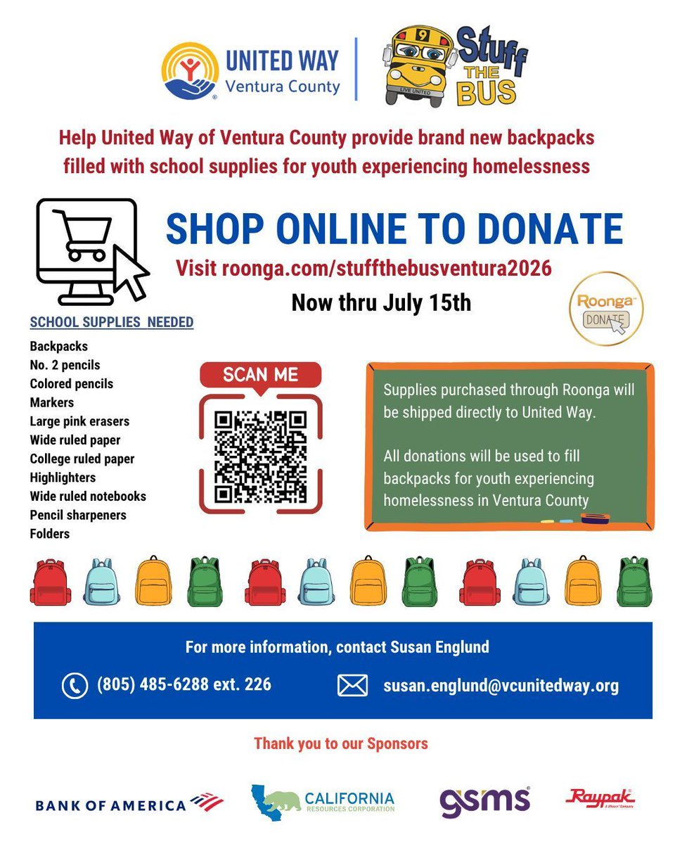VenturaCOE's tweet photo. Help us stuff our bus at VCOE in-person or donate online with school supplies for children from families in need now through July 15th. Click on the link to donate and for more details: https://t.co/jgZy2ogyeM https://t.co/KAwecsmoru