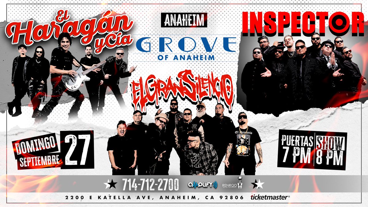groveofanaheim's tweet photo. RECIÉN ANUNCIADO: El Haragán y Cía, Inspector, y El Gran Silencio llegan al Grove of Anaheim este 27 de septiembre! 

Boletos a la venta el 10 de julio a las 10 AM.
🎟️: https://t.co/OoCoaozO7j https://t.co/iD1swChn7S