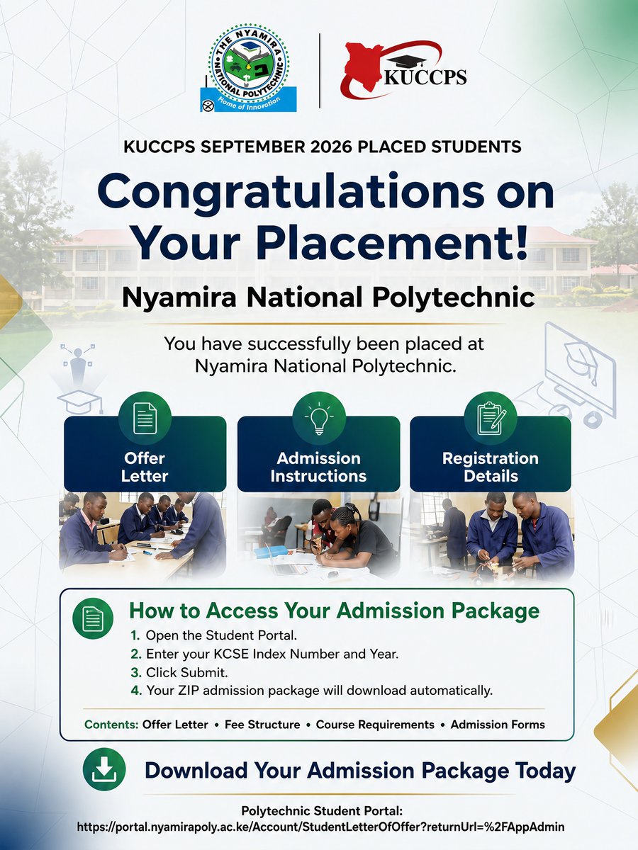 NNP_Kenya's tweet photo. KUCCPS September 2026 Placed Trainees
 Click the link below to download your Offer Letter and Admission Package. https://t.co/RUpUVud2Rg https://t.co/ackAQkvE1E
