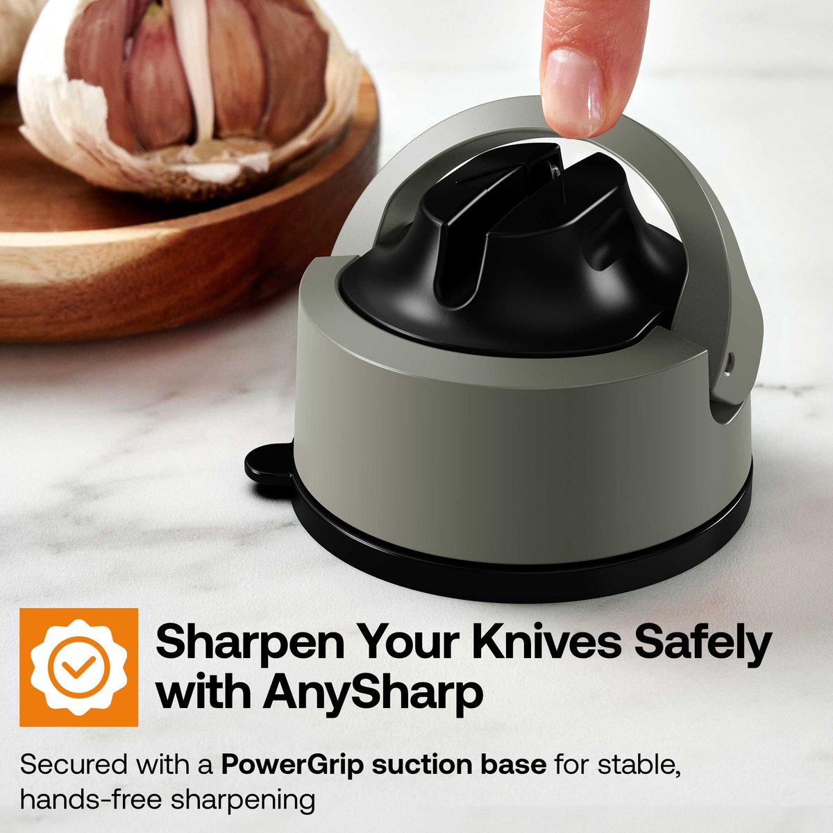 AnySharp's tweet photo. 🔪 A sharper knife is safer. The AnySharp EVO locks with PowerGrip™ suction for hands-free, quick sharpening - restoring your kitchen knives' edge safely and easily. https://t.co/sodHO5UajE