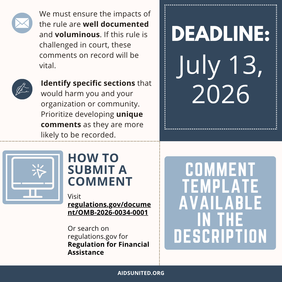 AIDSUnited's tweet photo. ⏰ Time is running out! Public comment period closes July 13! ⏰

A proposed federal rule could change how grants are distributed — making it harder for HIV organizations and public health programs to get the funding they need to serve our communities.

Your comment can make a difference. Tell the government how this proposal would harm people living with HIV and the organizations that support them.

Organizations: Your voice is especially critical. Submit a comment describing the impact this rule would have on your work.

Use the comment template at the link: https://t.co/tfRv1mOfxF

#HIVAdvocacy #PublicComment #ProtectHIVFunding