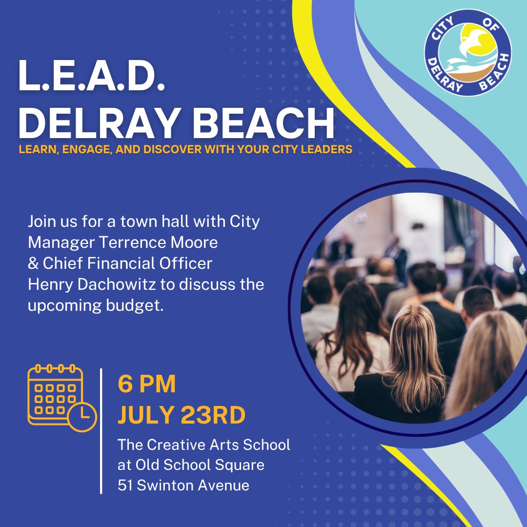 citydelraybeach's tweet photo. Join City Manager Terrence Moore and Chief Financial Officer Henry M. Dachowitz, CPA, MBA, for an open discussion on the proposed 2026/2027 City Budget. You'll also hear a presentation from the Department of Finance explaining how the budget is created and approved. https://t.co/RVIpVWojbH