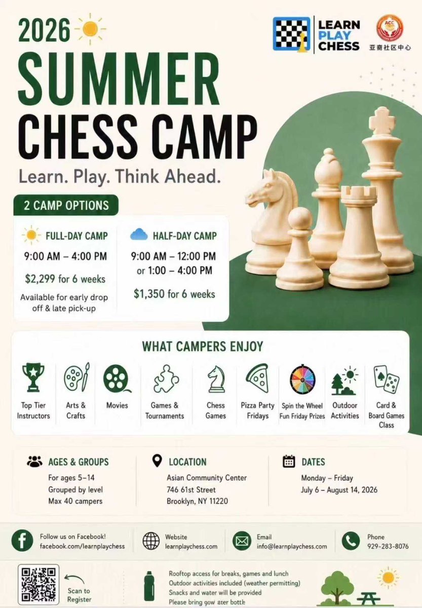 ACC74661's tweet photo. ♟️ ACC Summer Chess Camp is LIVE! 

Boost your child's brainpower &amp; focus! Limited spots left for all levels.

🏆2026 BONUS: Includes an official USCF Rated Tournament for real match experience! 📅 Flexible weekly booking 📍 746 61st St, Brooklyn
Call 929-305-4355 to register! 👇 https://t.co/H93KaYbrFf