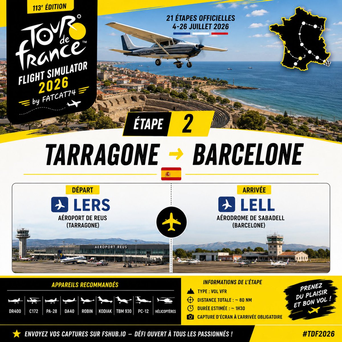 Fatcat742's tweet photo. Petit défi créé pour la compagnie Azgharie Airlines. Les étapes du tour de France ici au-dessus de Barcelone. 
#MSFS2024 https://t.co/DvXkUf96zb