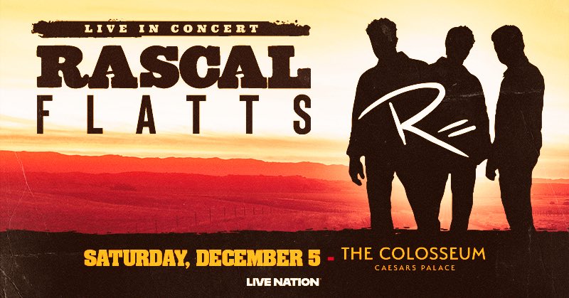 ColosseumatCP's tweet photo. JUST ANNOUNCED! Rascal Flatts at The Colosseum at Caesars Palace!
🗓️ Saturday, December 5
✨ Caesars Rewards Presale: Thurs, 7/9 at 10am - 10pm PT
🎫 On sale: Fri, 7/10 at 10am PT
🎟️ https://t.co/YtE0OoXTMn https://t.co/PGY1Ls1XIV