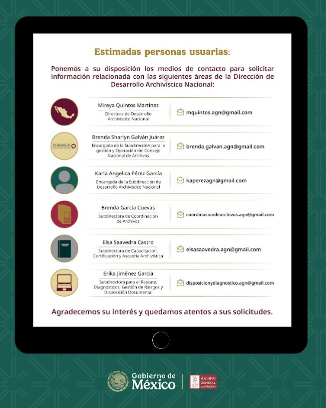 AGNMex's tweet photo. ¿Tienes dudas sobre la gestión y organización de archivos @snamexico?  

📩 Comunícate con el área correspondiente a través de los correos electrónicos del directorio. https://t.co/MThOFxjzUJ