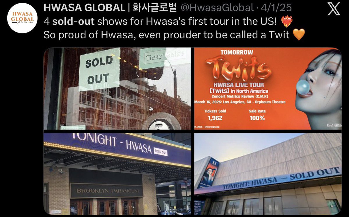 hyejinzm's tweet photo. hwasa sold out 4 shows for her first US show while your fave was selling tickets for $25 still more than half of the seats were empty only place your fave sells is in taiwan that’s why she keeps going there again and again to milk them. https://t.co/010Ia3BDpu