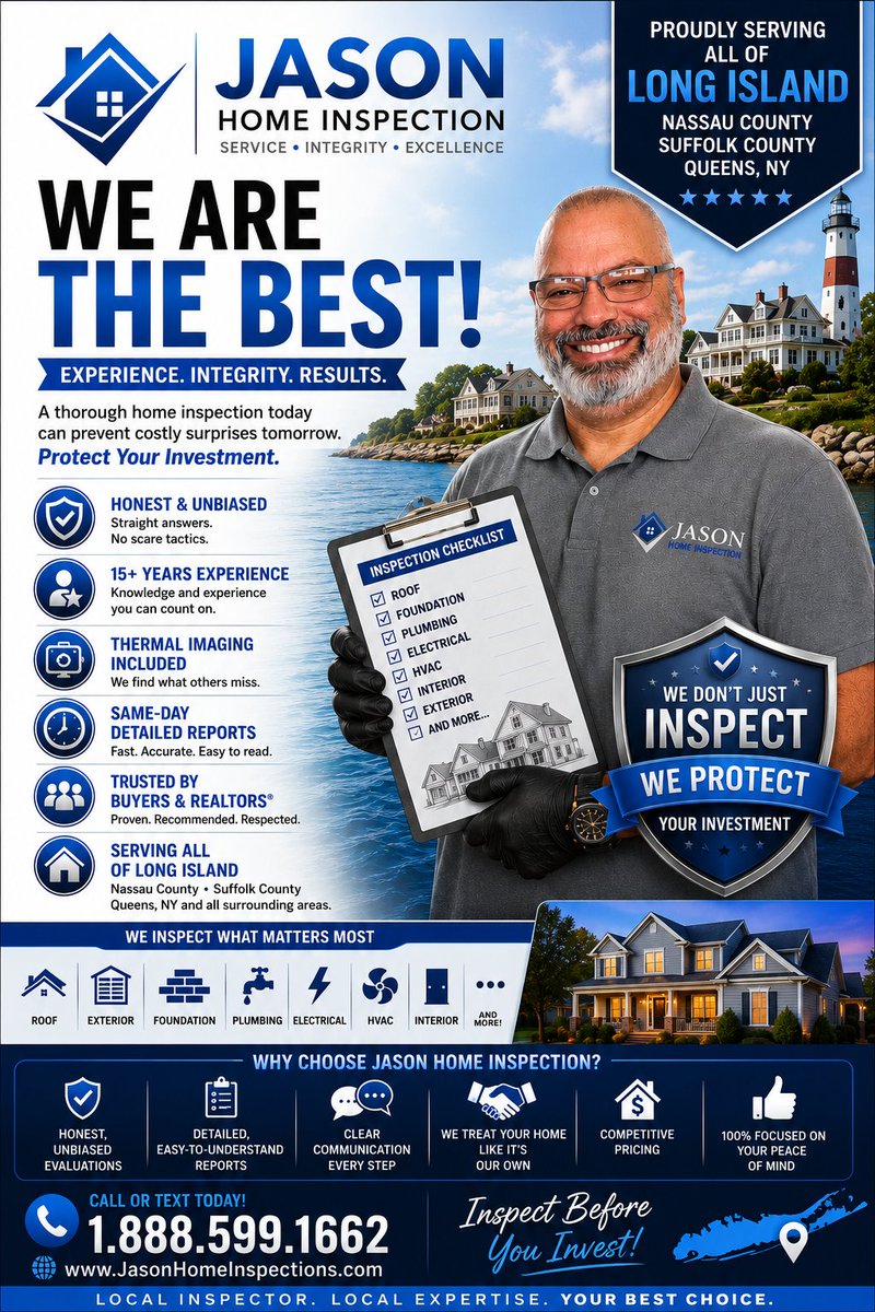 JEscoabar's tweet photo. Looking for a trusted home inspector in Suffolk or Nassau County? Jason Home Inspection delivers detailed, easy-to-understand reports with fast turnaround. Rely on 20 years of experience for clarity, transparency, and peace of mind in your property decisions. https://t.co/wE6SBV9lpu